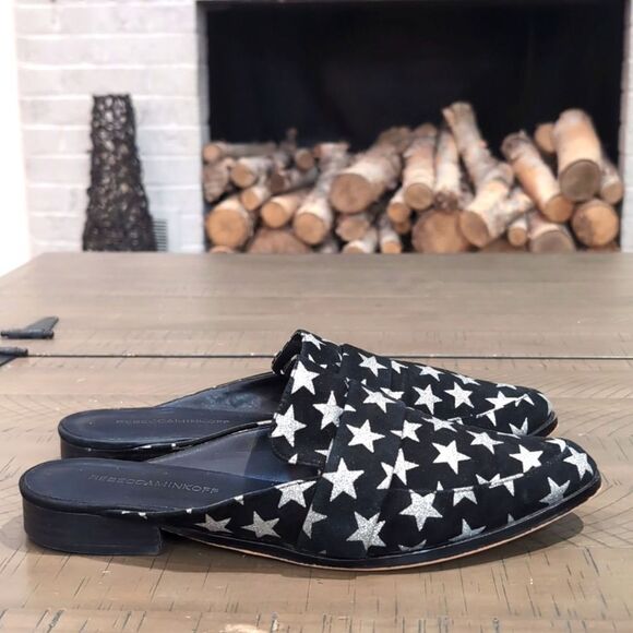 Rebecca Minkoff Black Mika In Galaxy Print Mules/Slides Sz 9.5 - Picture 1 of 8